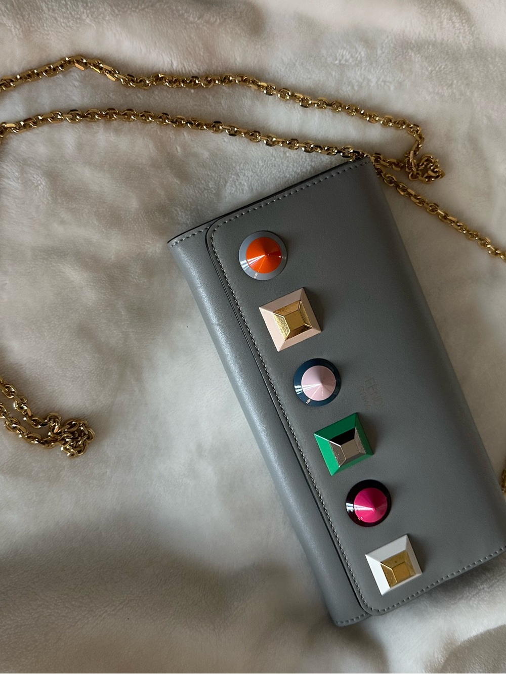 Fendi Gray Leather Crossbody Wallet with Colorful Studs